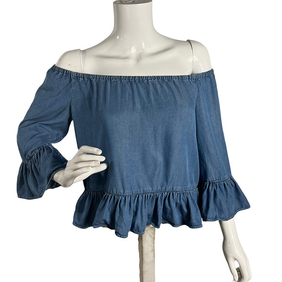ZARA Women's Denim Ruffle Crop Top Blouse Bell Sleeve Light Blue Size XS - Picture 4 of 7